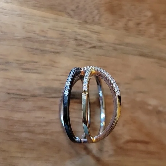 CZ pave tri-tone X ring - Picture 5 of 5